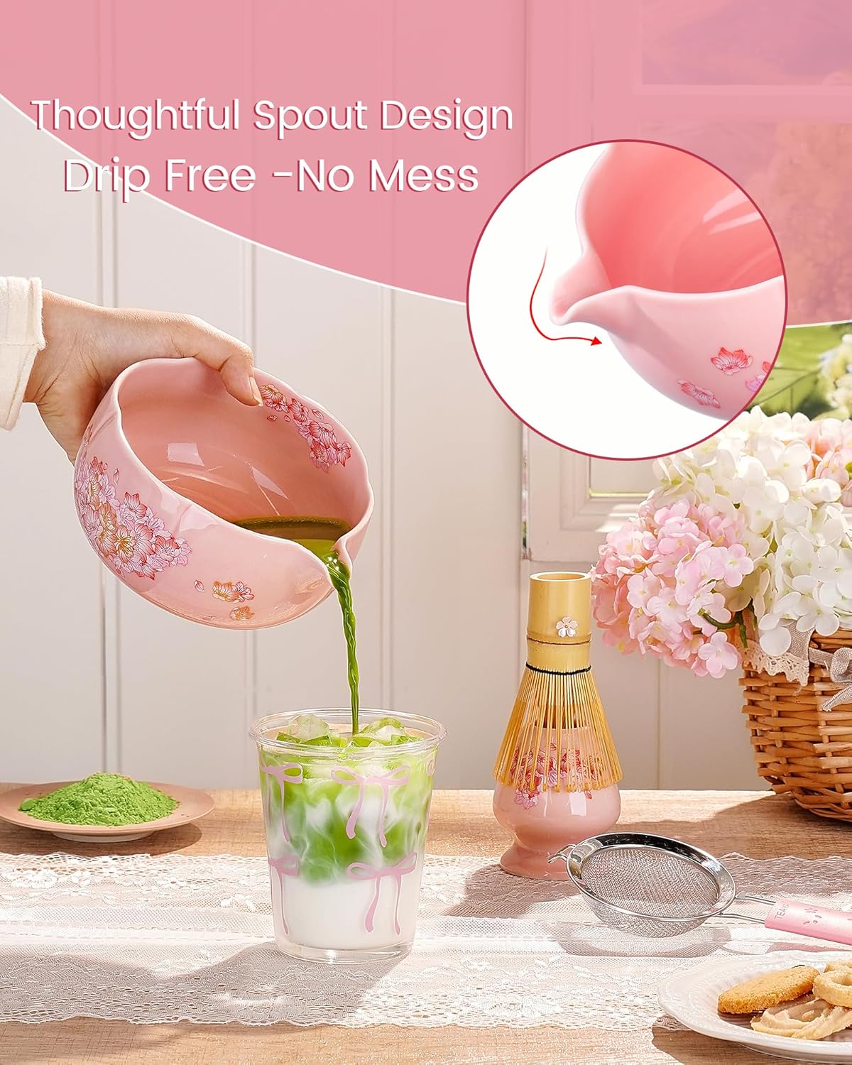 Matcha Whisk Set, 6pcs Matcha Kit Includes Large Matcha Bowl, Bamboo Whisk & Scoop with Cute Charm, Chasen Holder, Innovative Sifter, Tea Mat for Japanese Tea Ceremony-Floral Pattern