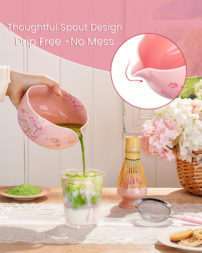 Matcha Whisk Set, 6pcs Matcha Kit Includes Large Matcha Bowl, Bamboo Whisk & Scoop with Cute Charm, Chasen Holder, Innovative Sifter, Tea Mat for Japanese Tea Ceremony-Floral Pattern