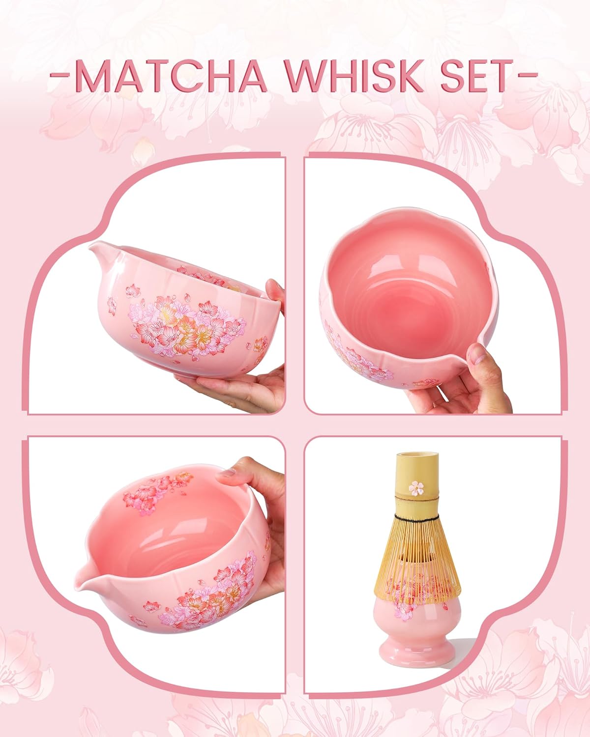Matcha Whisk Set, 6pcs Matcha Kit Includes Large Matcha Bowl, Bamboo Whisk & Scoop with Cute Charm, Chasen Holder, Innovative Sifter, Tea Mat for Japanese Tea Ceremony-Floral Pattern