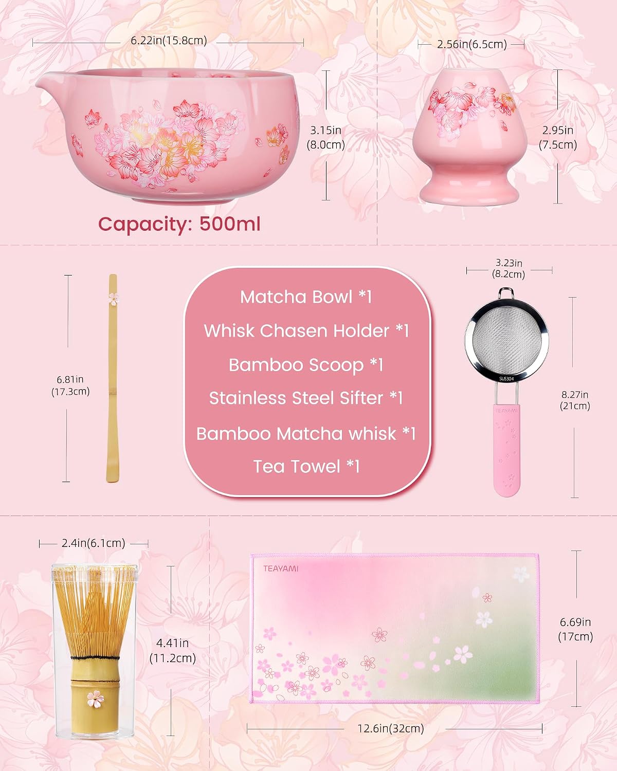 Matcha Whisk Set, 6pcs Matcha Kit Includes Large Matcha Bowl, Bamboo Whisk & Scoop with Cute Charm, Chasen Holder, Innovative Sifter, Tea Mat for Japanese Tea Ceremony-Floral Pattern