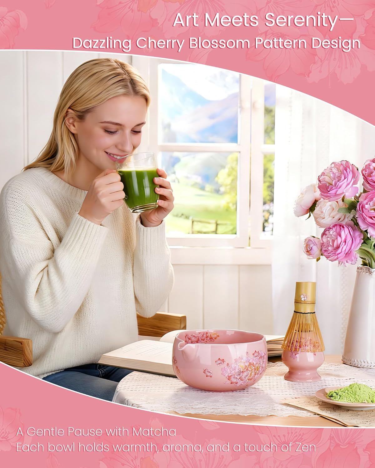 Matcha Whisk Set, 6pcs Matcha Kit Includes Large Matcha Bowl, Bamboo Whisk & Scoop with Cute Charm, Chasen Holder, Innovative Sifter, Tea Mat for Japanese Tea Ceremony-Floral Pattern
