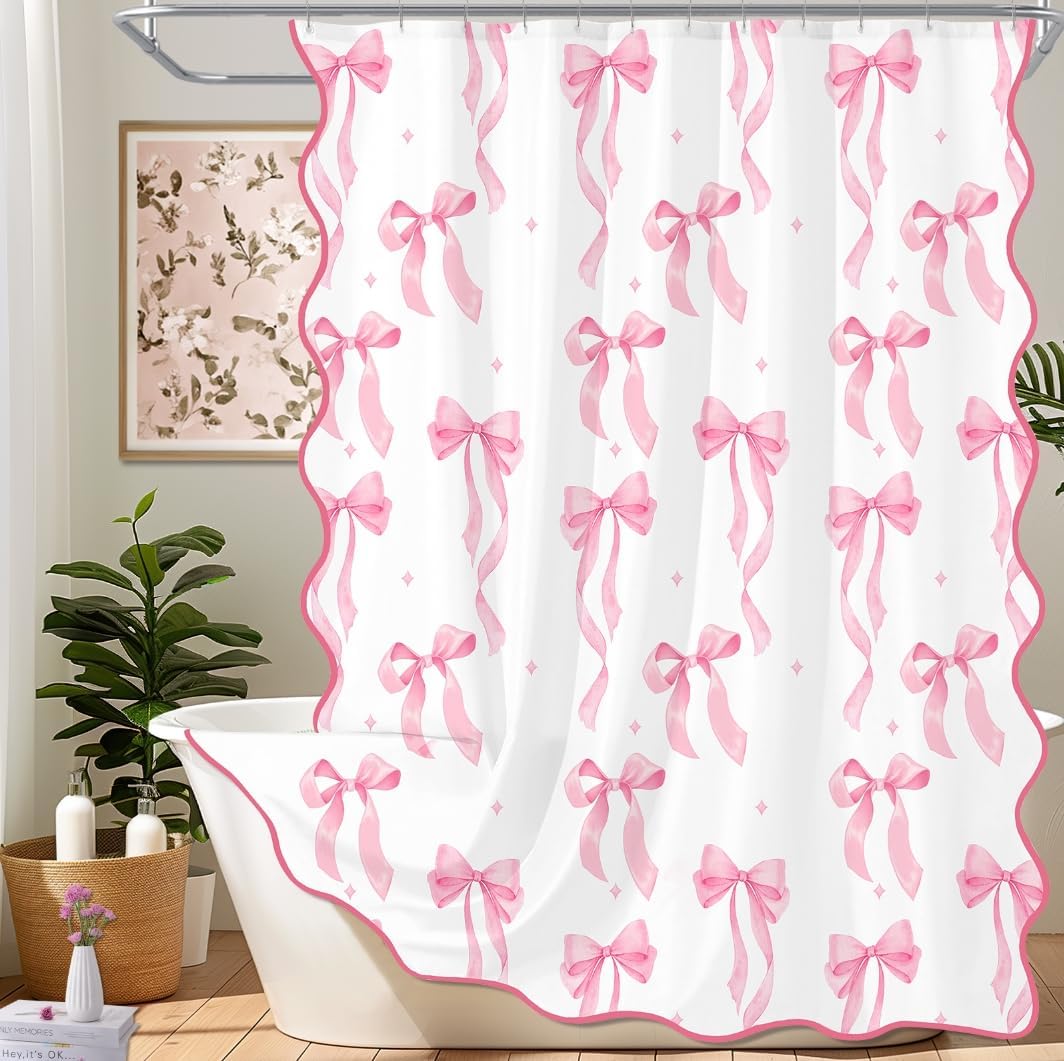 Pink Bow Scalloped Shower Curtain, Cute Pink Shower Curtains Pretty Aesthetic Preppy Waterproof Fabric Girls Bath Bathroom Decor with Metal Hook 72 W x 72 H Inch