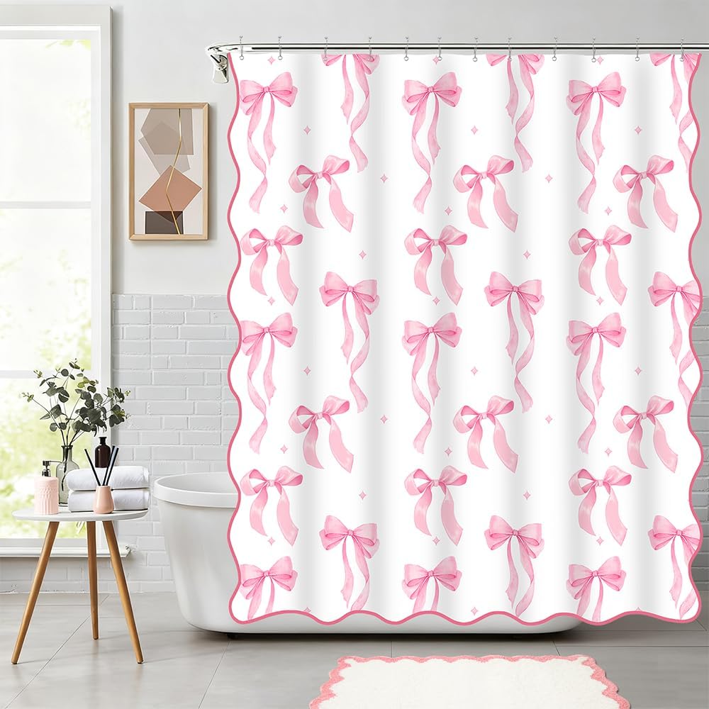 Pink Bow Scalloped Shower Curtain, Cute Pink Shower Curtains Pretty Aesthetic Preppy Waterproof Fabric Girls Bath Bathroom Decor with Metal Hook 72 W x 72 H Inch