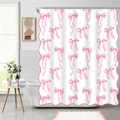 Pink Bow Scalloped Shower Curtain, Cute Pink Shower Curtains Pretty Aesthetic Preppy Waterproof Fabric Girls Bath Bathroom Decor with Metal Hook 72 W x 72 H Inch