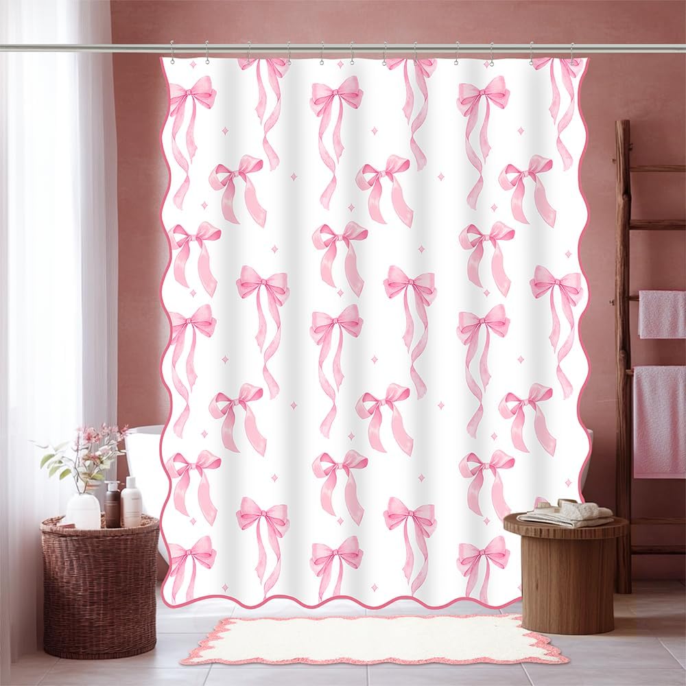 Pink Bow Scalloped Shower Curtain, Cute Pink Shower Curtains Pretty Aesthetic Preppy Waterproof Fabric Girls Bath Bathroom Decor with Metal Hook 72 W x 72 H Inch