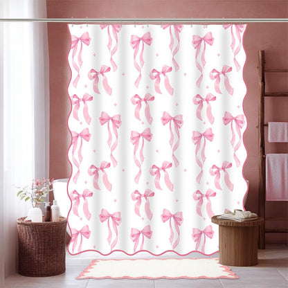 Pink Bow Scalloped Shower Curtain, Cute Pink Shower Curtains Pretty Aesthetic Preppy Waterproof Fabric Girls Bath Bathroom Decor with Metal Hook 72 W x 72 H Inch