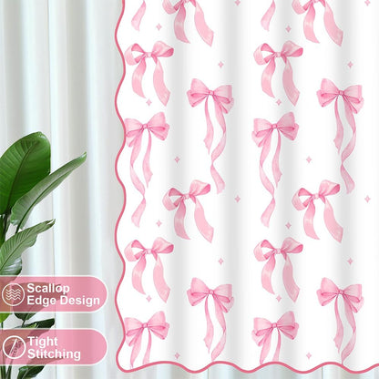 Pink Bow Scalloped Shower Curtain, Cute Pink Shower Curtains Pretty Aesthetic Preppy Waterproof Fabric Girls Bath Bathroom Decor with Metal Hook 72 W x 72 H Inch