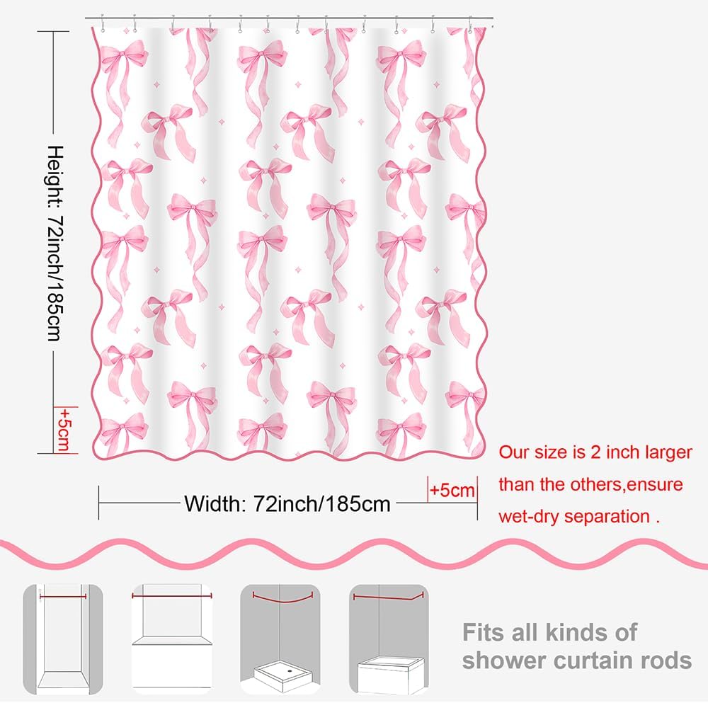 Pink Bow Scalloped Shower Curtain, Cute Pink Shower Curtains Pretty Aesthetic Preppy Waterproof Fabric Girls Bath Bathroom Decor with Metal Hook 72 W x 72 H Inch