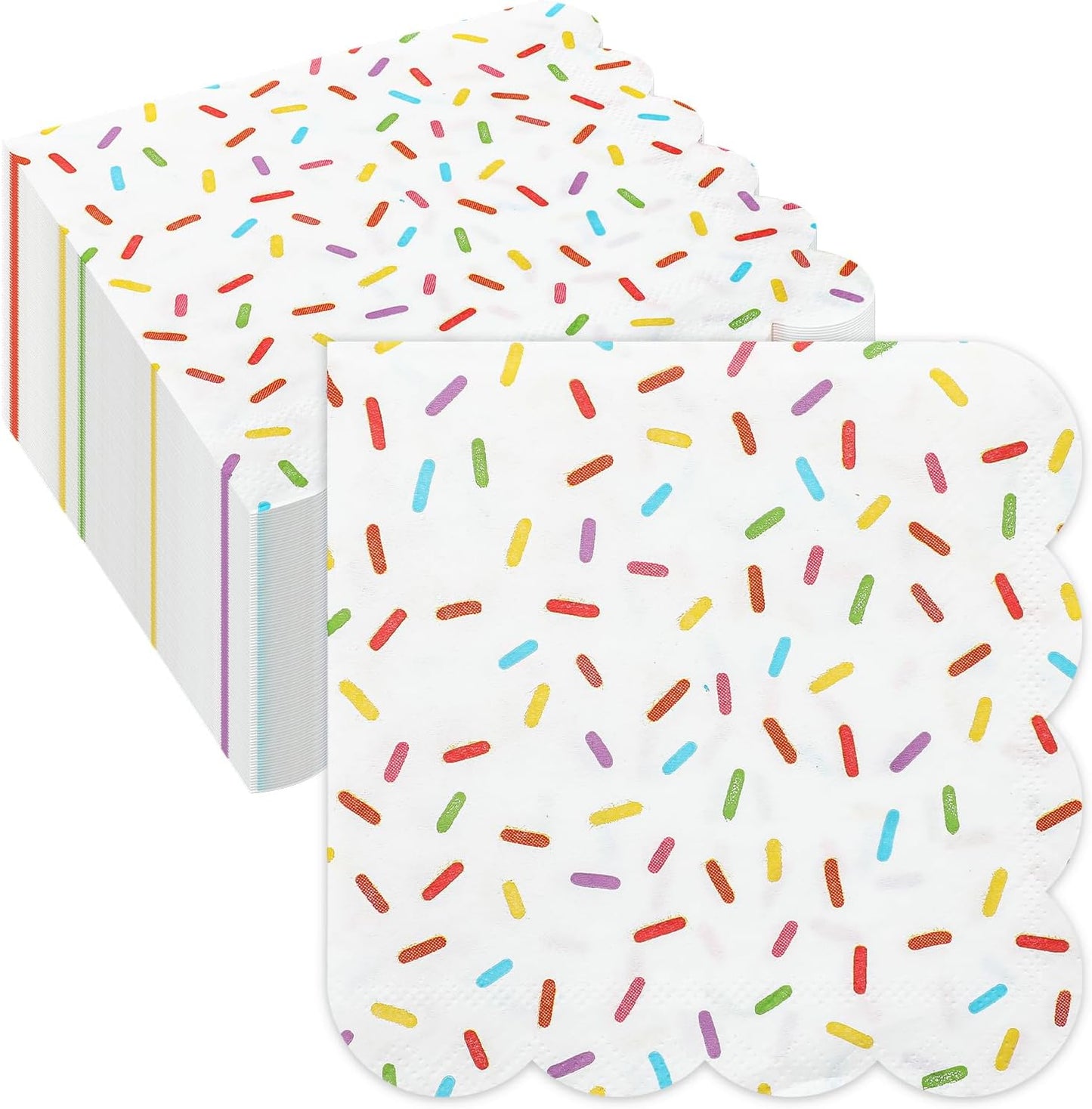 Crtiin 100 Pcs Donut Sprinkle Napkins Scalloped Ice Cream Napkins Disposable 2 Ply Donut Party Paper Cocktail for Baby Shower Birthday Wedding Party Cupcake Table Decor Supplies(White)