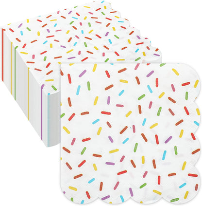 Crtiin 100 Pcs Donut Sprinkle Napkins Scalloped Ice Cream Napkins Disposable 2 Ply Donut Party Paper Cocktail for Baby Shower Birthday Wedding Party Cupcake Table Decor Supplies(White)