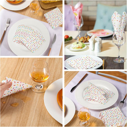 Crtiin 100 Pcs Donut Sprinkle Napkins Scalloped Ice Cream Napkins Disposable 2 Ply Donut Party Paper Cocktail for Baby Shower Birthday Wedding Party Cupcake Table Decor Supplies(White)