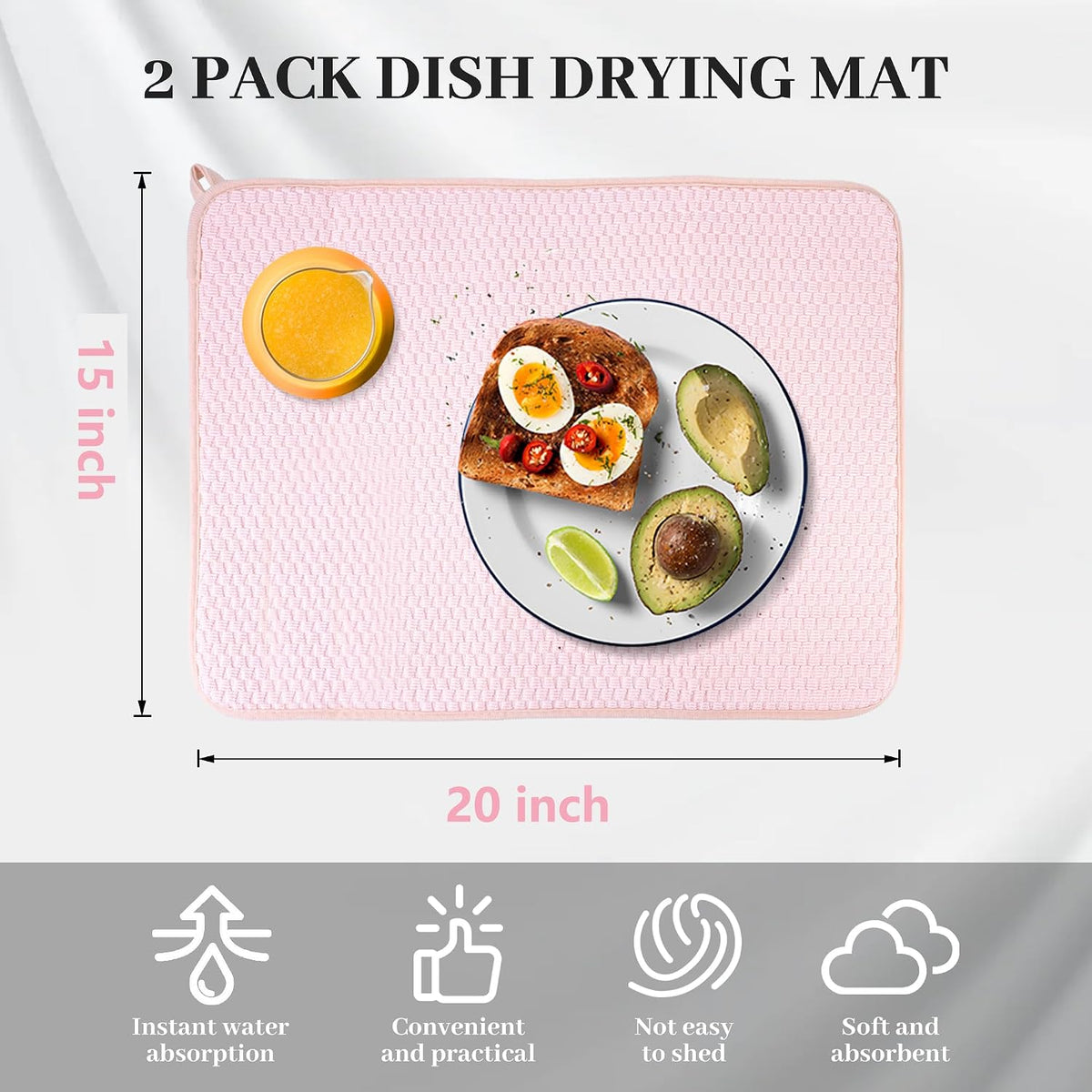 Dish Drying Mat, 2 Pack Microfiber Absorbent Pink Dish Drying Mat for Kitchen Counter, Large Size Dish Drying Pad