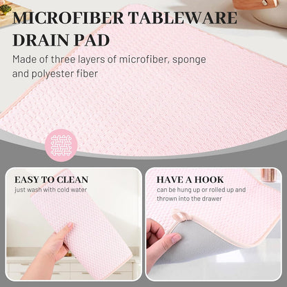 Dish Drying Mat, 2 Pack Microfiber Absorbent Pink Dish Drying Mat for Kitchen Counter, Large Size Dish Drying Pad