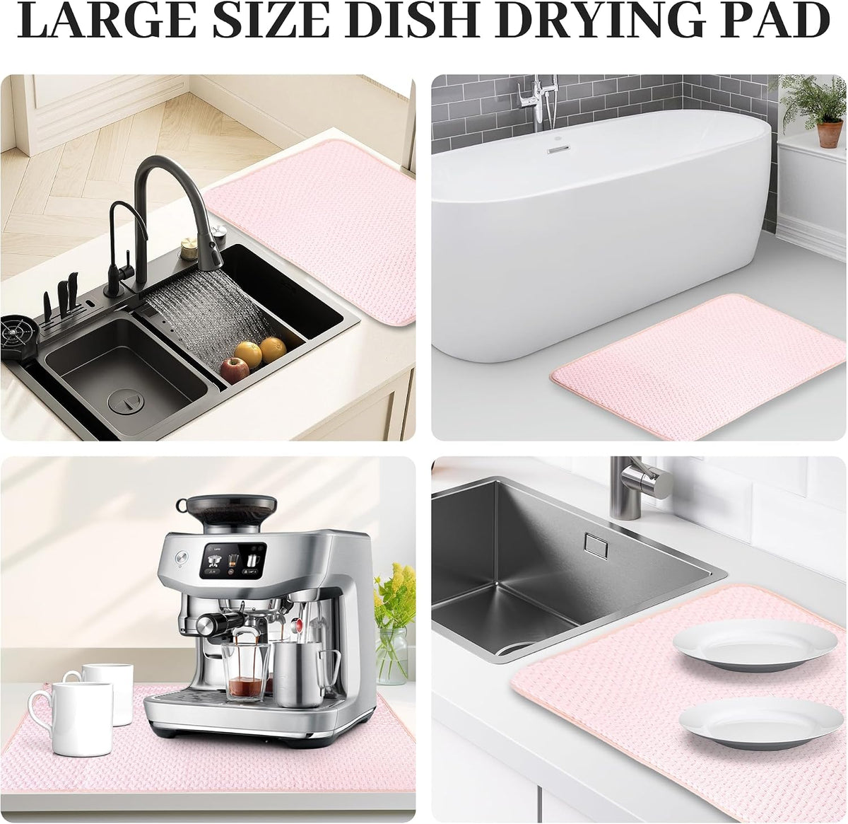 Dish Drying Mat, 2 Pack Microfiber Absorbent Pink Dish Drying Mat for Kitchen Counter, Large Size Dish Drying Pad