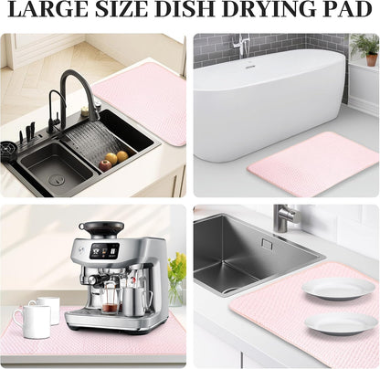 Dish Drying Mat, 2 Pack Microfiber Absorbent Pink Dish Drying Mat for Kitchen Counter, Large Size Dish Drying Pad
