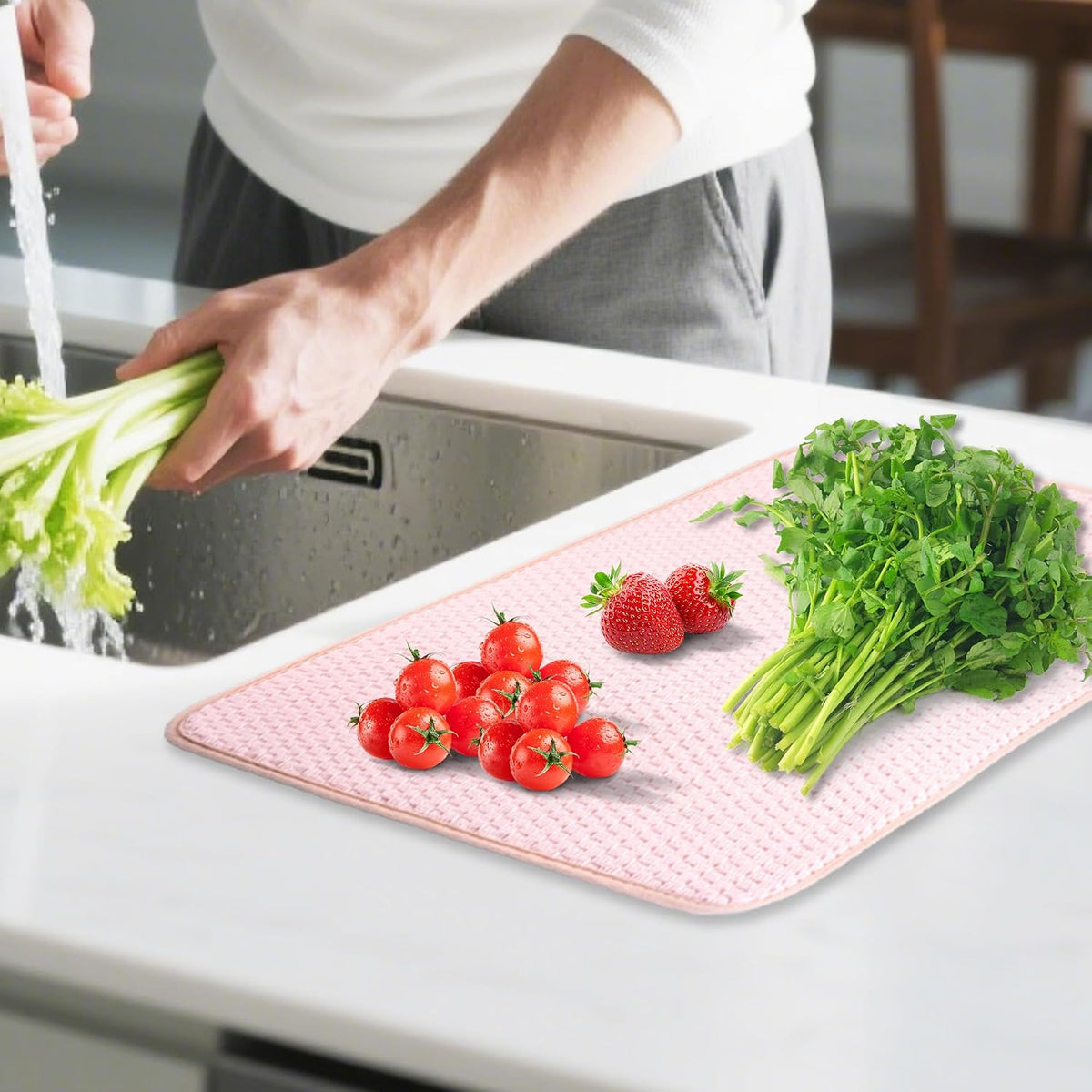 Dish Drying Mat, 2 Pack Microfiber Absorbent Pink Dish Drying Mat for Kitchen Counter, Large Size Dish Drying Pad