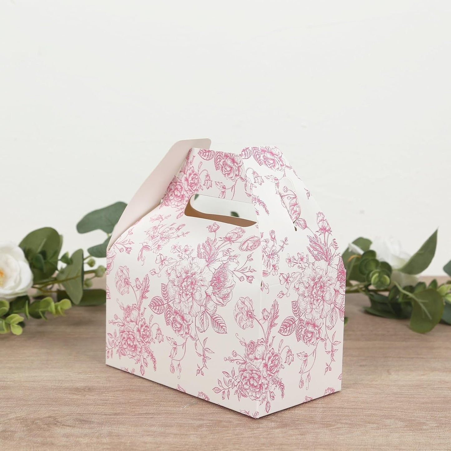 Efavormart 25 Pack Party Favor Gable Boxes in French Toile Pattern - Matte Pink and White Candy Treat Tote Boxes, Cardstock Paper - 6"x3.5"x7"