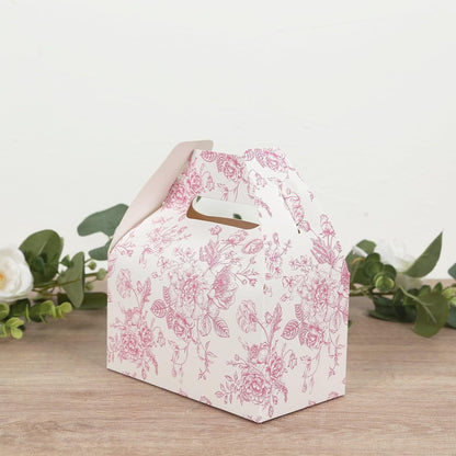 Efavormart 25 Pack Party Favor Gable Boxes in French Toile Pattern - Matte Pink and White Candy Treat Tote Boxes, Cardstock Paper - 6"x3.5"x7"