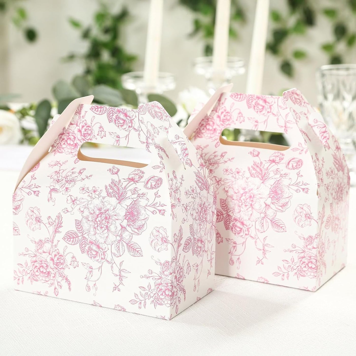 Efavormart 25 Pack Party Favor Gable Boxes in French Toile Pattern - Matte Pink and White Candy Treat Tote Boxes, Cardstock Paper - 6"x3.5"x7"