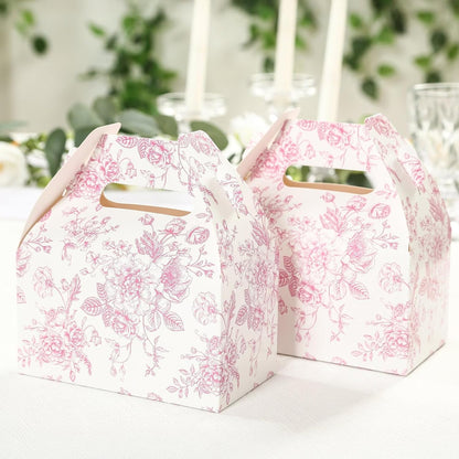 Efavormart 25 Pack Party Favor Gable Boxes in French Toile Pattern - Matte Pink and White Candy Treat Tote Boxes, Cardstock Paper - 6"x3.5"x7"