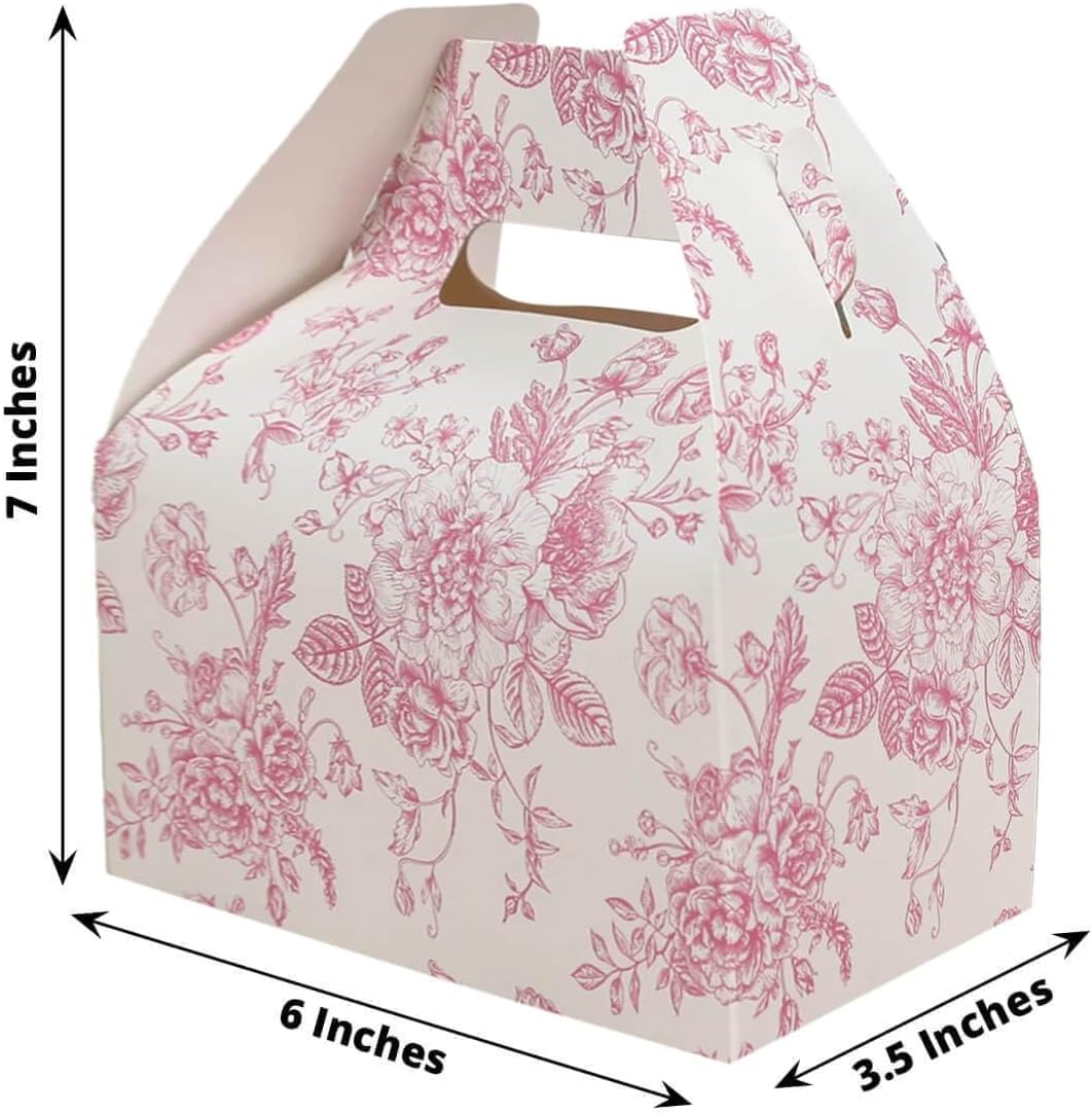 Efavormart 25 Pack Party Favor Gable Boxes in French Toile Pattern - Matte Pink and White Candy Treat Tote Boxes, Cardstock Paper - 6"x3.5"x7"
