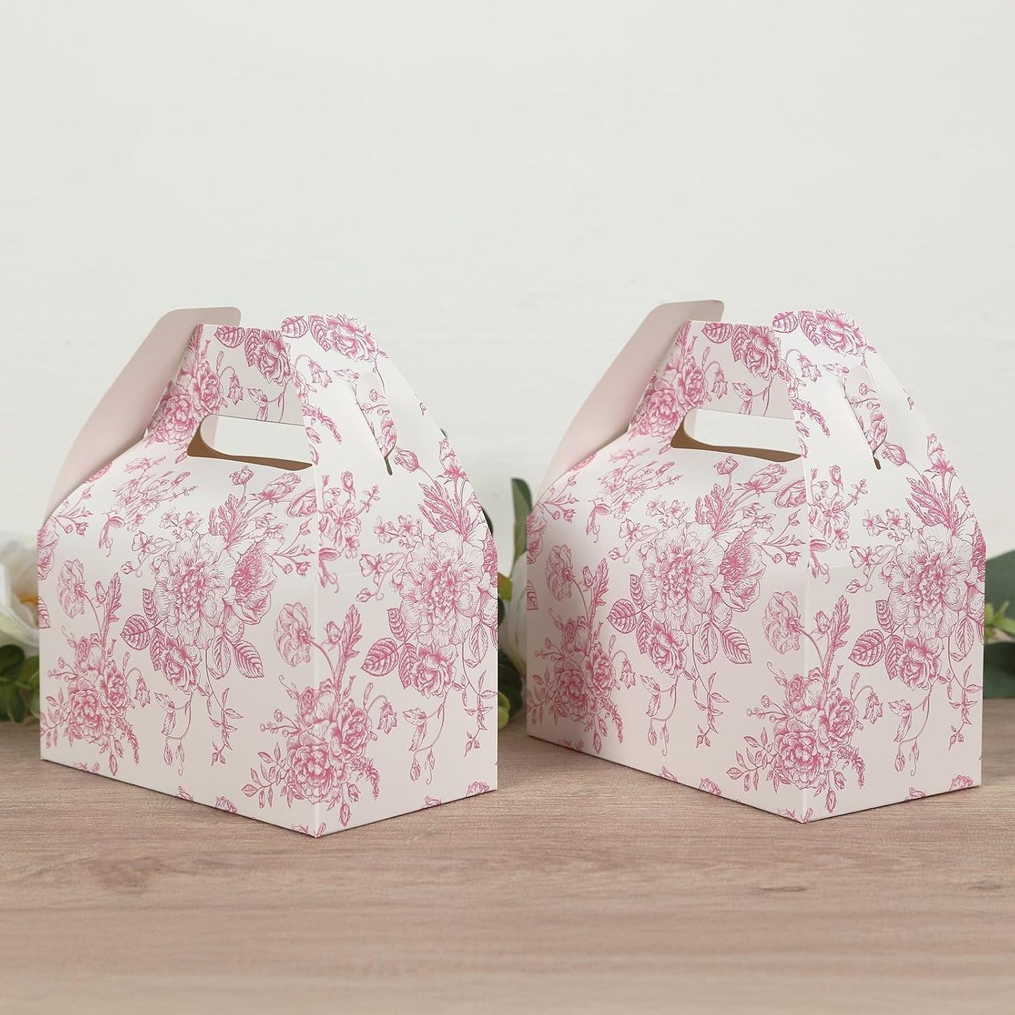Efavormart 25 Pack Party Favor Gable Boxes in French Toile Pattern - Matte Pink and White Candy Treat Tote Boxes, Cardstock Paper - 6"x3.5"x7"