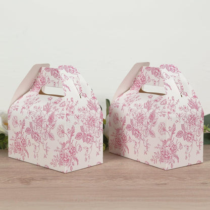Efavormart 25 Pack Party Favor Gable Boxes in French Toile Pattern - Matte Pink and White Candy Treat Tote Boxes, Cardstock Paper - 6"x3.5"x7"