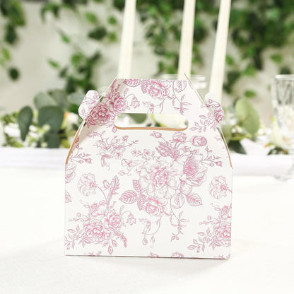 Efavormart 25 Pack Party Favor Gable Boxes in French Toile Pattern - Matte Pink and White Candy Treat Tote Boxes, Cardstock Paper - 6"x3.5"x7"