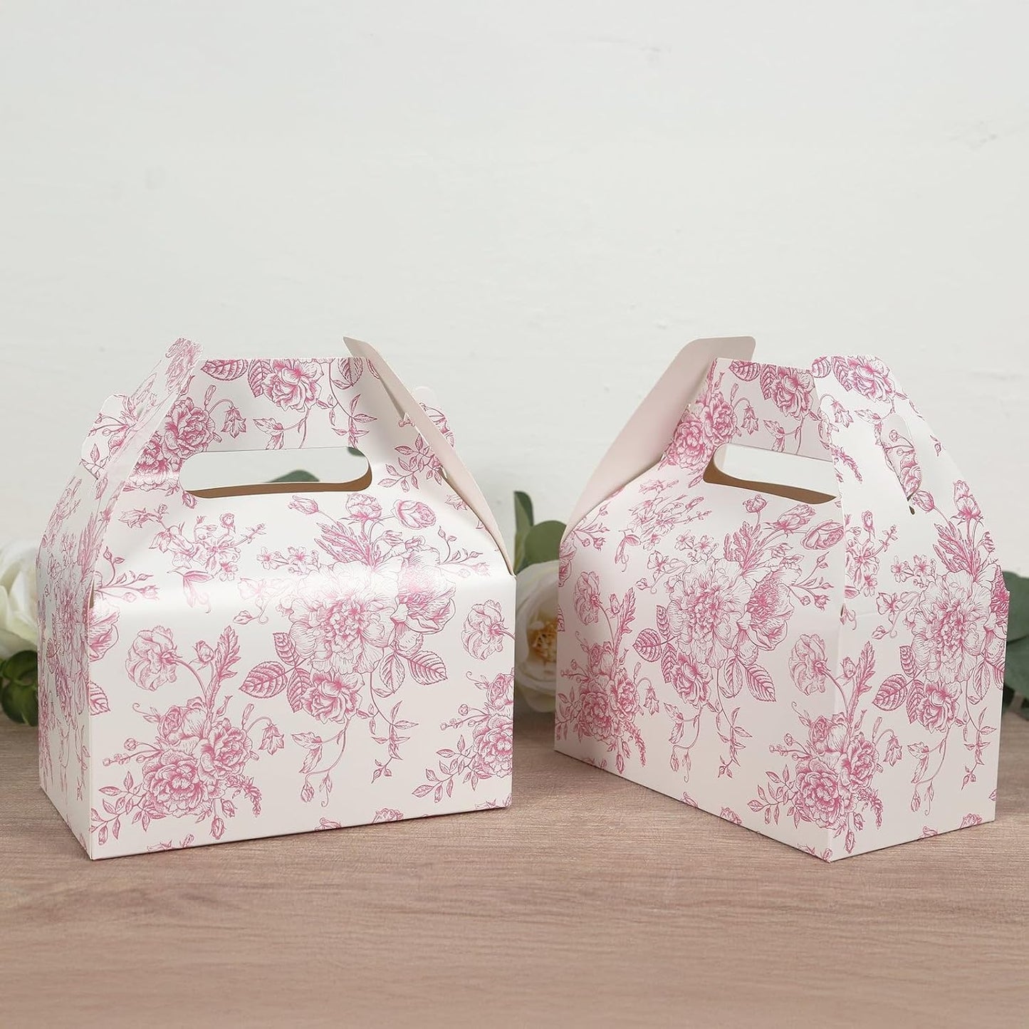 Efavormart 25 Pack Party Favor Gable Boxes in French Toile Pattern - Matte Pink and White Candy Treat Tote Boxes, Cardstock Paper - 6"x3.5"x7"