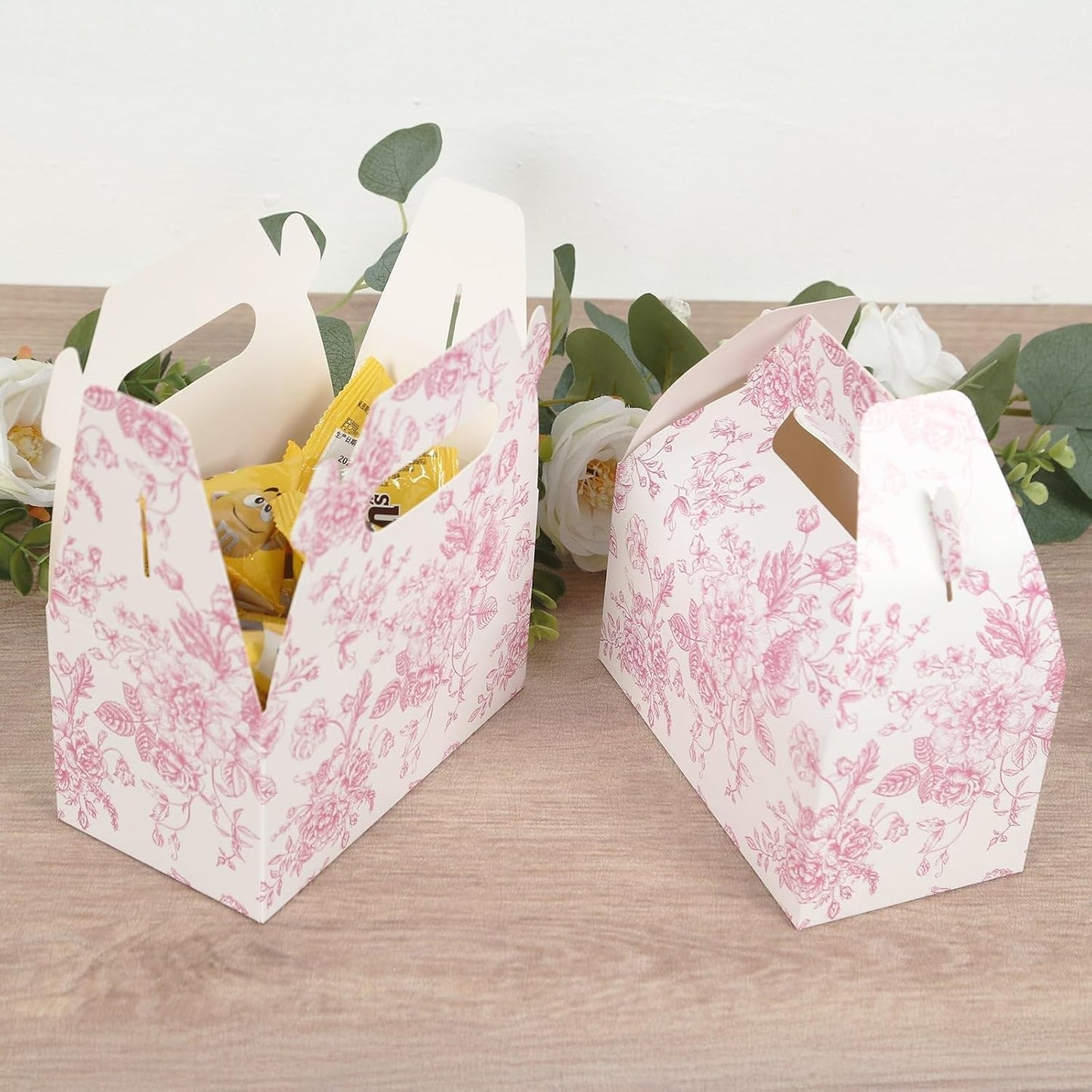 Efavormart 25 Pack Party Favor Gable Boxes in French Toile Pattern - Matte Pink and White Candy Treat Tote Boxes, Cardstock Paper - 6"x3.5"x7"