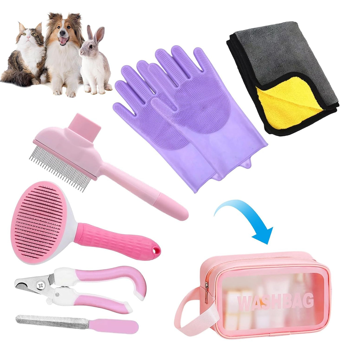 Aglads 6PCS Cat Rabbit Bunny Dog Grooming Kit,Self-Cleaning Slicker Brush,Fine-Tooth Comb, Pet Nail Clipper & File,Bathing Brush Glove,Microfiber Drying Towel,Storage Bag,Easy & Hassle-Free(6, pink)