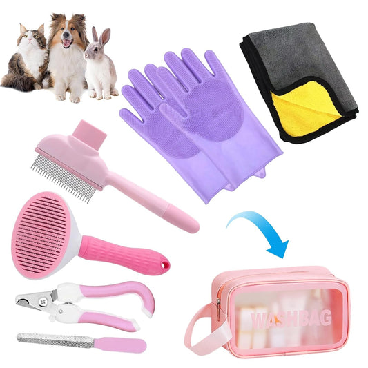 Aglads 6PCS Cat Rabbit Bunny Dog Grooming Kit,Self-Cleaning Slicker Brush,Fine-Tooth Comb, Pet Nail Clipper & File,Bathing Brush Glove,Microfiber Drying Towel,Storage Bag,Easy & Hassle-Free(6, pink)