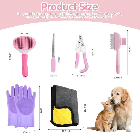 Aglads 6PCS Cat Rabbit Bunny Dog Grooming Kit,Self-Cleaning Slicker Brush,Fine-Tooth Comb, Pet Nail Clipper & File,Bathing Brush Glove,Microfiber Drying Towel,Storage Bag,Easy & Hassle-Free(6, pink)
