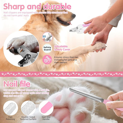 Aglads 6PCS Cat Rabbit Bunny Dog Grooming Kit,Self-Cleaning Slicker Brush,Fine-Tooth Comb, Pet Nail Clipper & File,Bathing Brush Glove,Microfiber Drying Towel,Storage Bag,Easy & Hassle-Free(6, pink)
