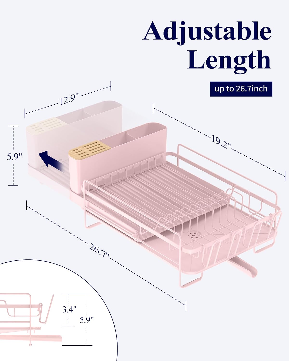 Extendable Dish Drying Rack, 19.2"-26.7" L x 12.9" W, Pink