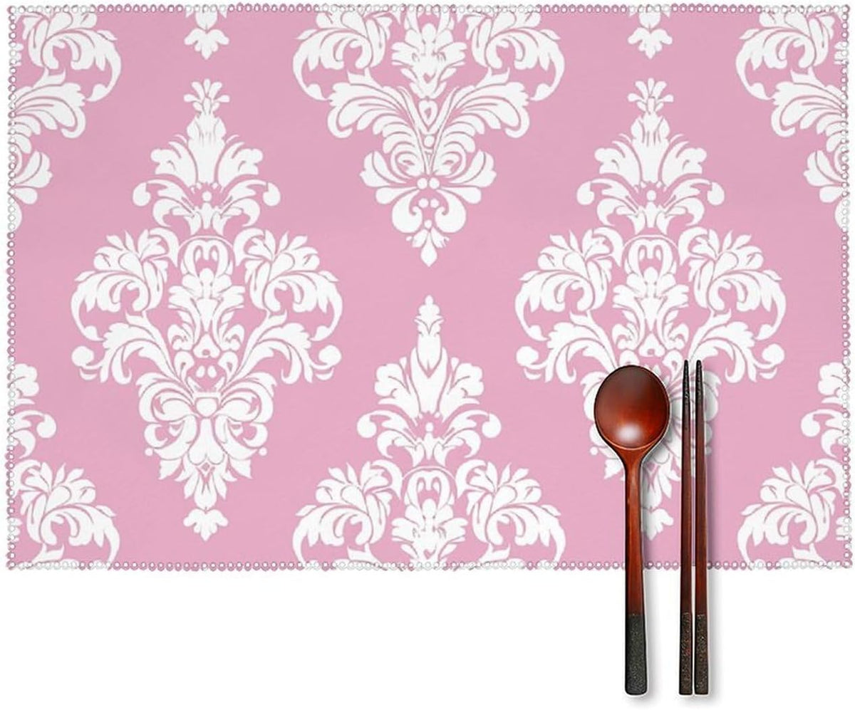 Peach Damask Pattern Placemats Set of 4 - Non-Slip Heat Resistant Place Mats Farmhouse Rustic Table Mats Reusable Hard Canvas Placemat for Dining, Kitchen, Party Indoor/Outdoor Decoration