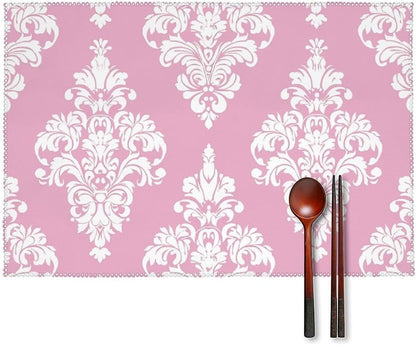 Peach Damask Pattern Placemats Set of 4 - Non-Slip Heat Resistant Place Mats Farmhouse Rustic Table Mats Reusable Hard Canvas Placemat for Dining, Kitchen, Party Indoor/Outdoor Decoration