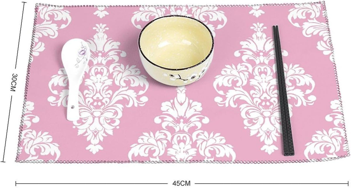 Peach Damask Pattern Placemats Set of 4 - Non-Slip Heat Resistant Place Mats Farmhouse Rustic Table Mats Reusable Hard Canvas Placemat for Dining, Kitchen, Party Indoor/Outdoor Decoration