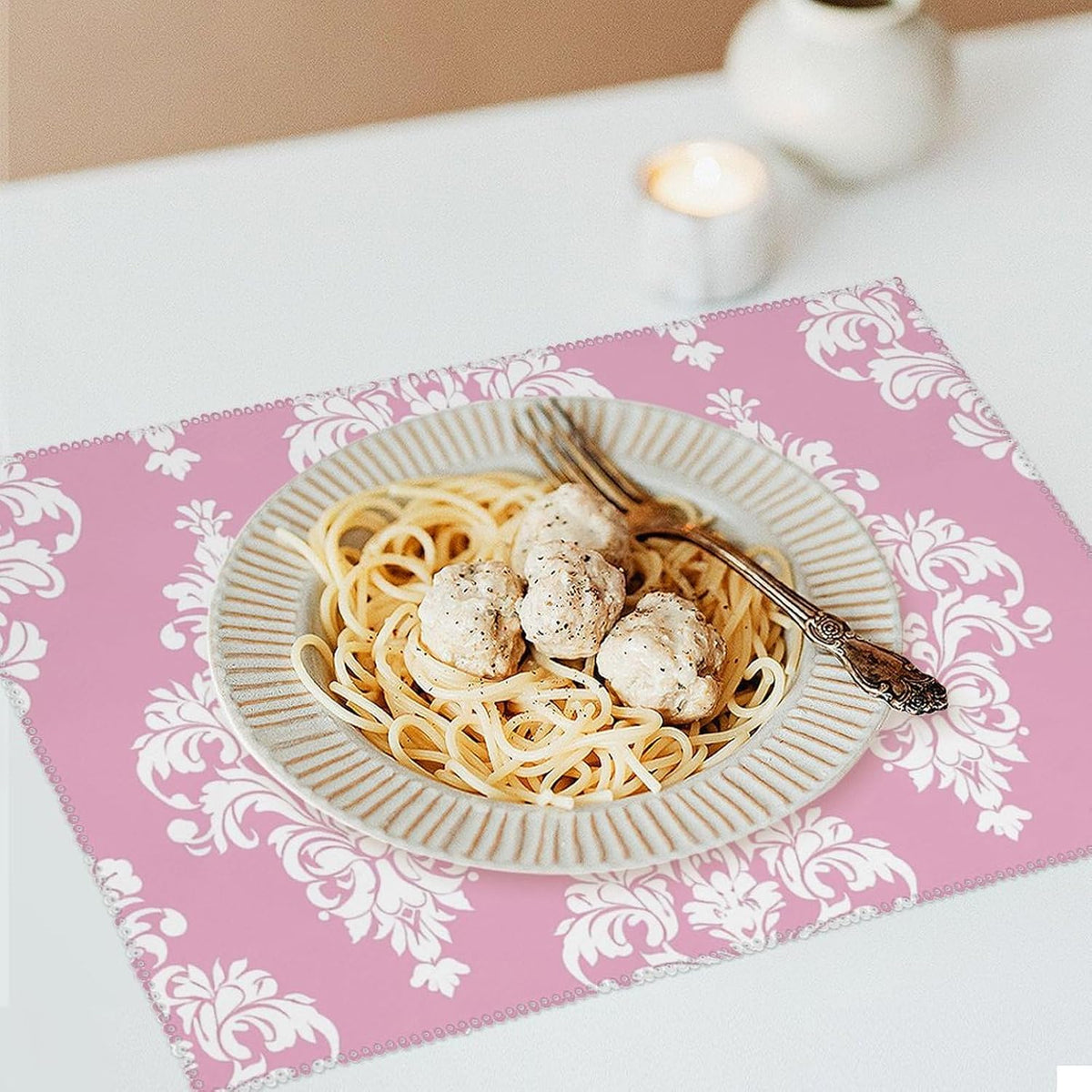 Peach Damask Pattern Placemats Set of 4 - Non-Slip Heat Resistant Place Mats Farmhouse Rustic Table Mats Reusable Hard Canvas Placemat for Dining, Kitchen, Party Indoor/Outdoor Decoration