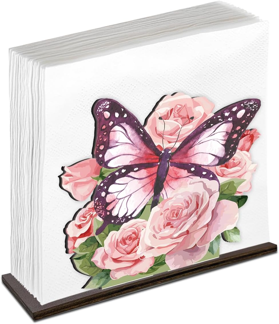 Pink Butterfly Flowers Napkin Holder for Table Decor Pink Butterfly Roses Wooden Napkin Holder for Home Kitchen Dining Room Girls Room Decorations