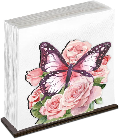 Pink Butterfly Flowers Napkin Holder for Table Decor Pink Butterfly Roses Wooden Napkin Holder for Home Kitchen Dining Room Girls Room Decorations