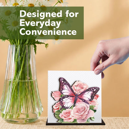 Pink Butterfly Flowers Napkin Holder for Table Decor Pink Butterfly Roses Wooden Napkin Holder for Home Kitchen Dining Room Girls Room Decorations