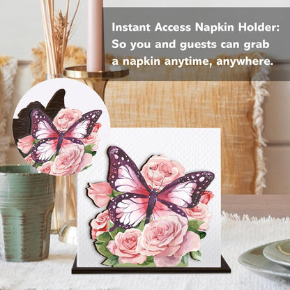 Pink Butterfly Flowers Napkin Holder for Table Decor Pink Butterfly Roses Wooden Napkin Holder for Home Kitchen Dining Room Girls Room Decorations