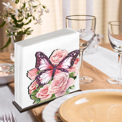 Pink Butterfly Flowers Napkin Holder for Table Decor Pink Butterfly Roses Wooden Napkin Holder for Home Kitchen Dining Room Girls Room Decorations