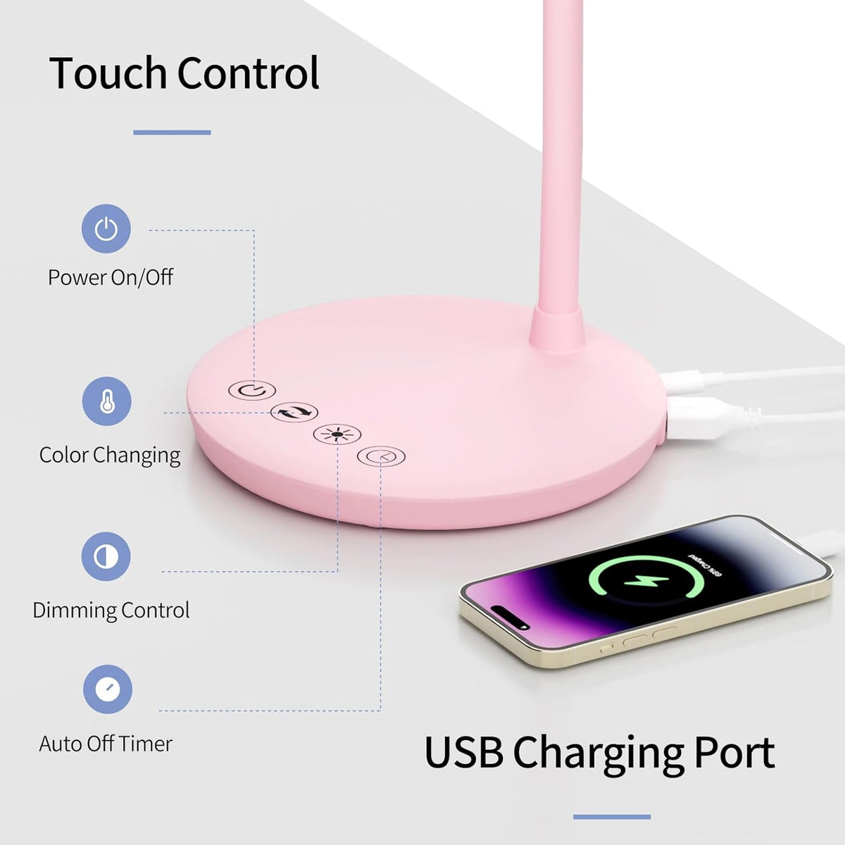 AXX TU08 Pink Cute Desk Lamp with USB Charging Port for College Dorm Room