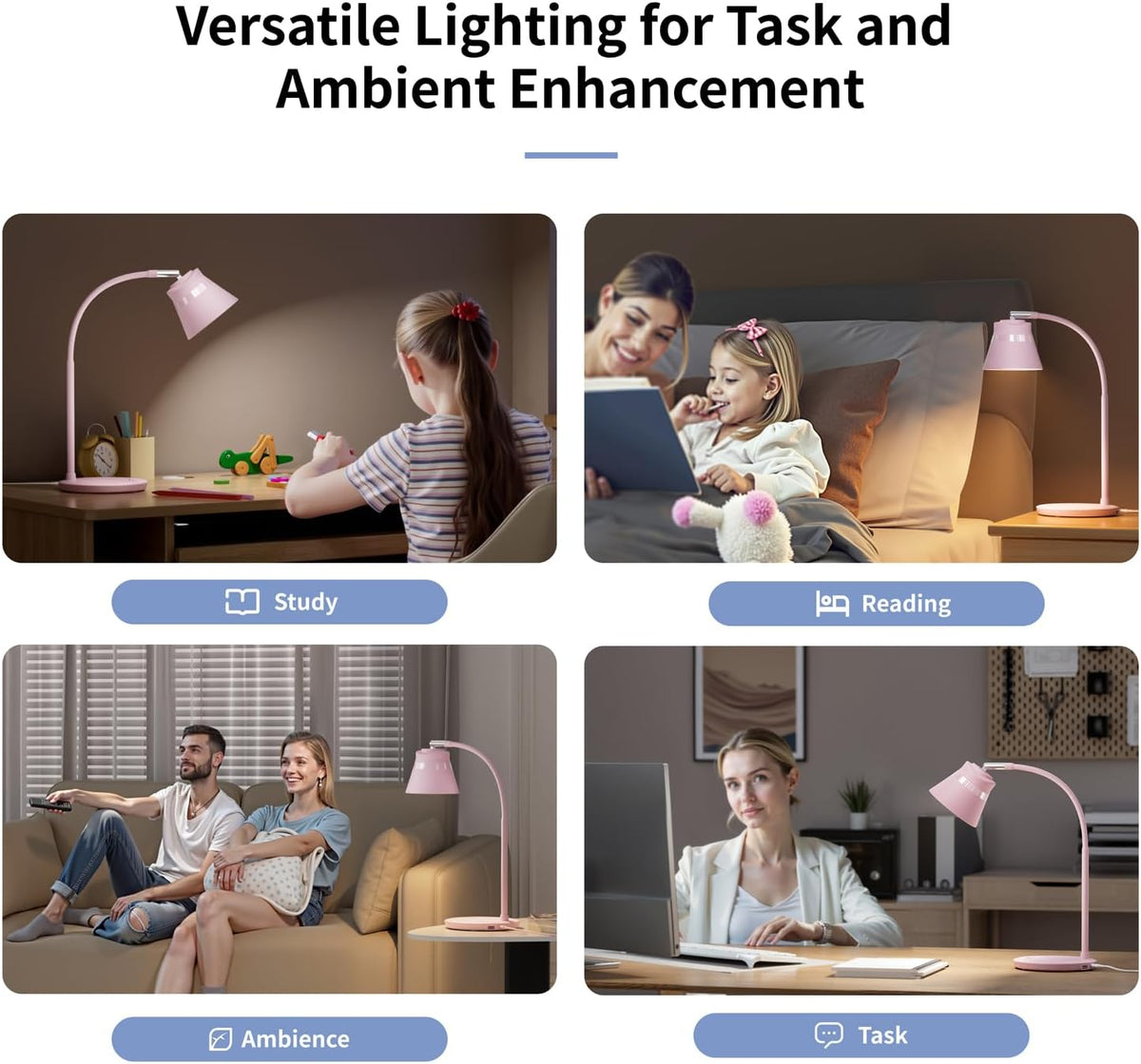 AXX TU08 Pink Cute Desk Lamp with USB Charging Port for College Dorm Room