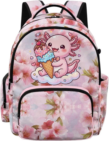 Axolotl Printed Kids Backpacks for Girls Cute Pink Cherry Blossom Printed Schoolbag Bookbag with Sturdy Top Handle Preschool Backpack for Teens Girls