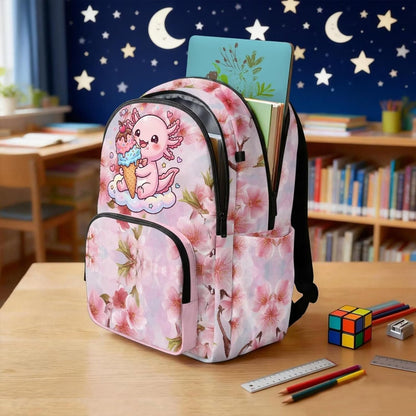 Axolotl Printed Kids Backpacks for Girls Cute Pink Cherry Blossom Printed Schoolbag Bookbag with Sturdy Top Handle Preschool Backpack for Teens Girls
