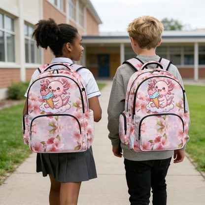 Axolotl Printed Kids Backpacks for Girls Cute Pink Cherry Blossom Printed Schoolbag Bookbag with Sturdy Top Handle Preschool Backpack for Teens Girls