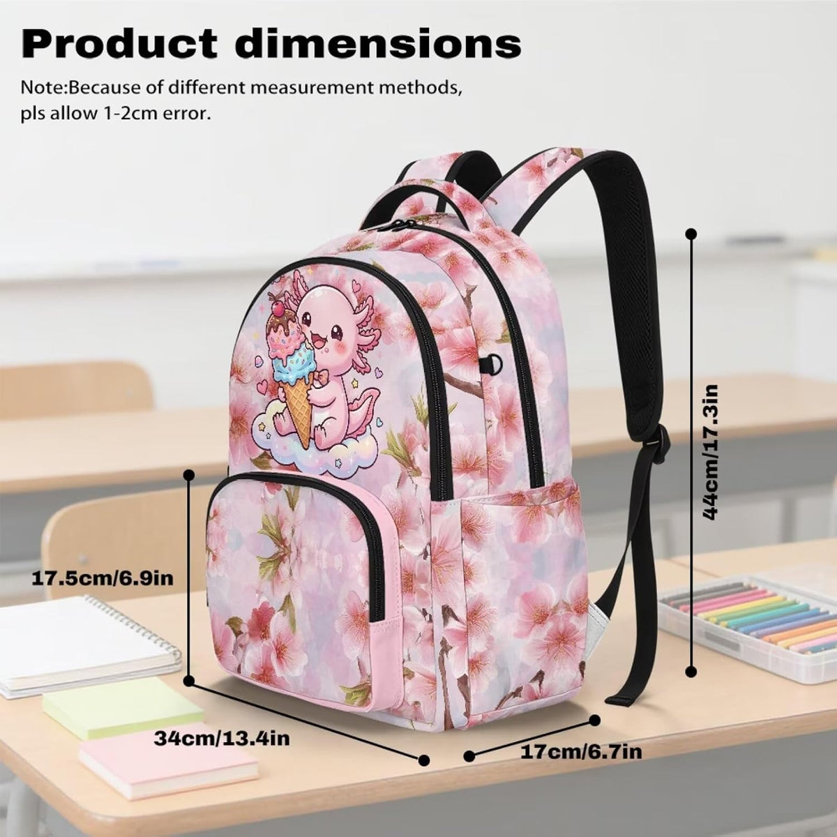Axolotl Printed Kids Backpacks for Girls Cute Pink Cherry Blossom Printed Schoolbag Bookbag with Sturdy Top Handle Preschool Backpack for Teens Girls